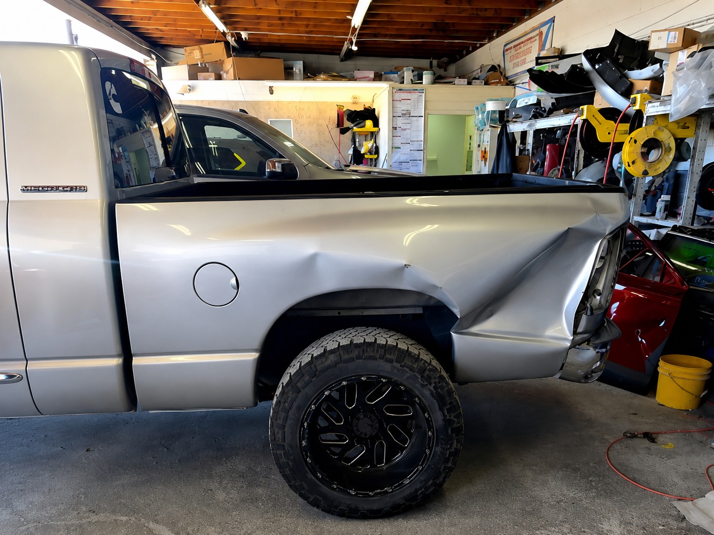 Ram truck undergoing repair in shop