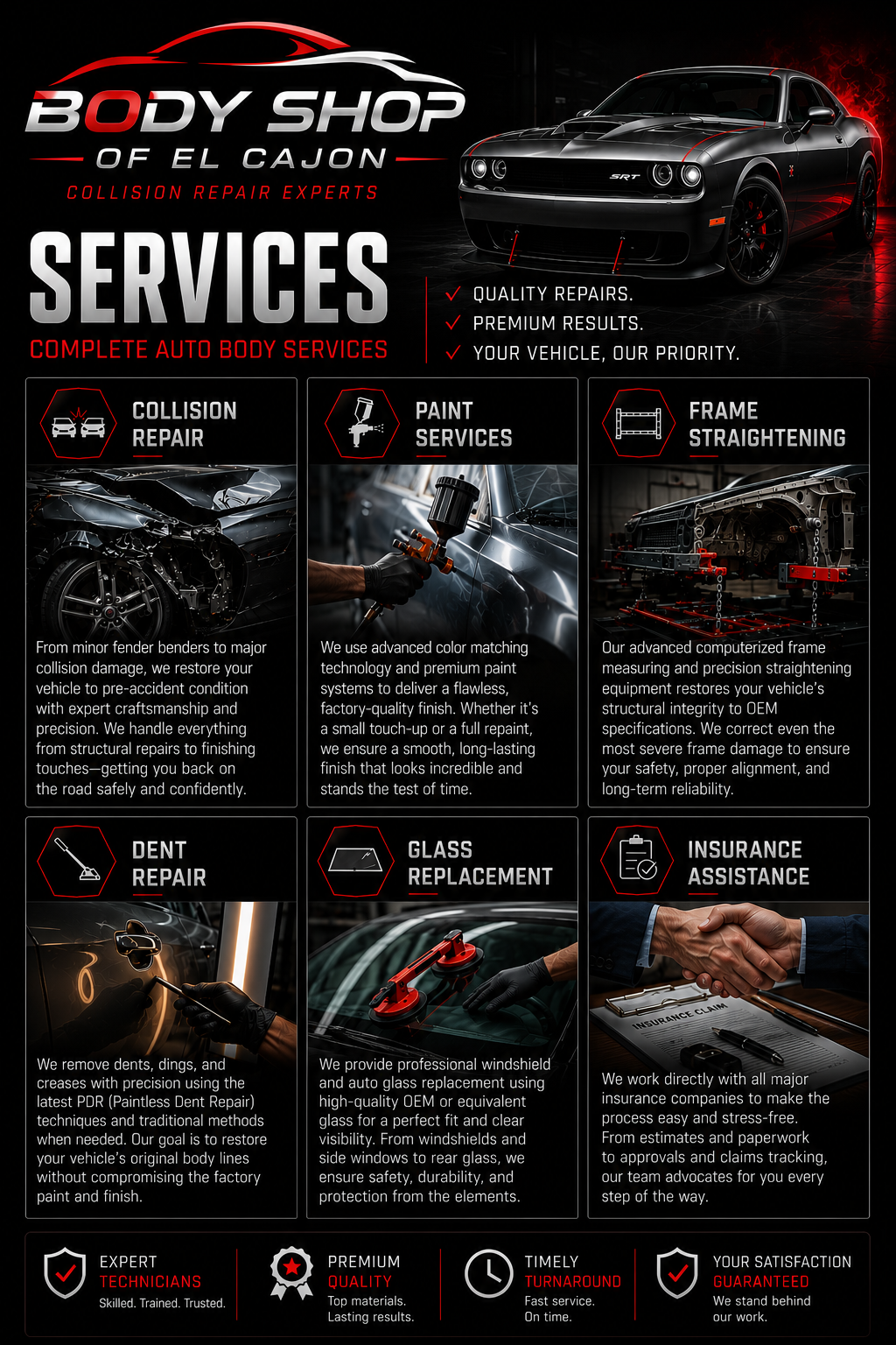 Body Shop of El Cajon services: collision repair, paint, frame straightening, dent repair, glass replacement, and insurance assistance